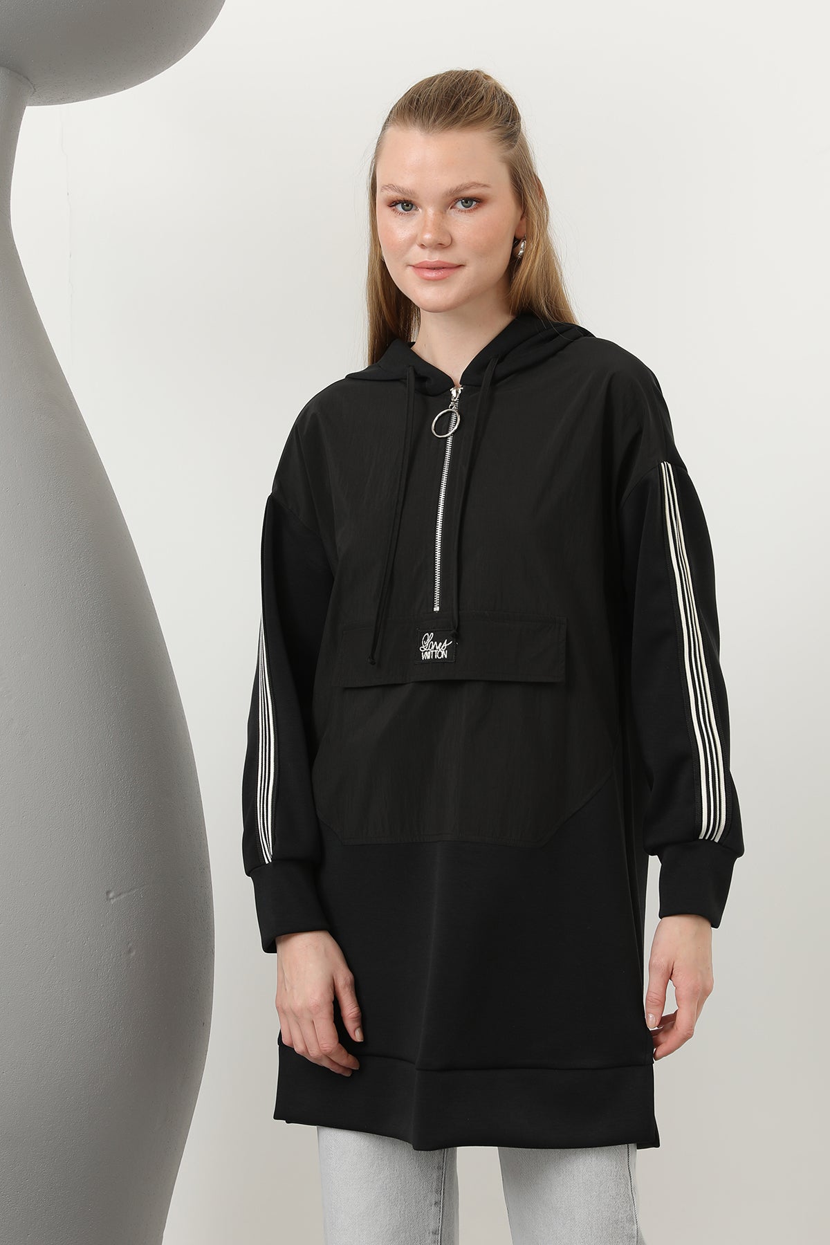 Kadın Önü Fermuar Detaylı Kapişonlu Tunik - 10610TUN BLACK