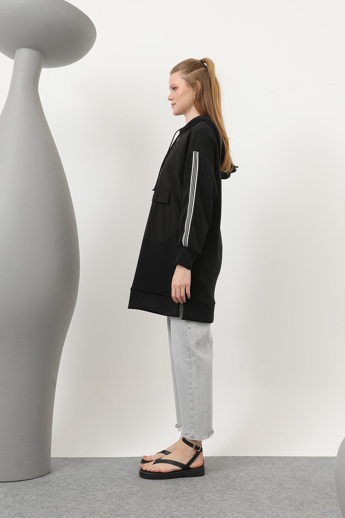 Kadın Önü Fermuar Detaylı Kapişonlu Tunik - 10610TUN BLACK