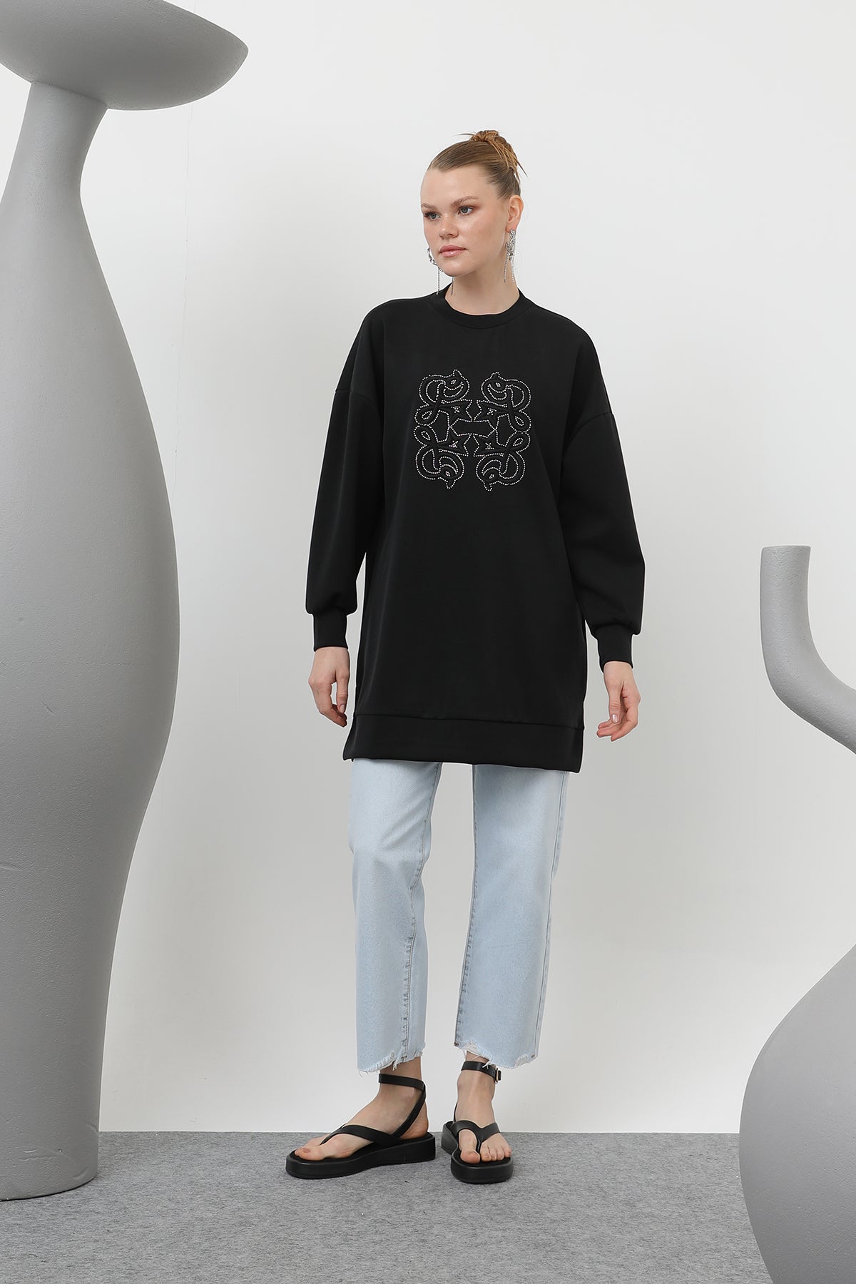 Kadın Önü Yapıştırma Taş Detaylı Tunik - 10612TUN BLACK
