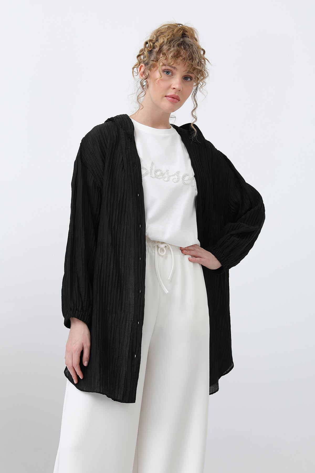 Kadın İçi Tişörtlü Kapüşon Detaylı Tunik - 10626TNK BLACK