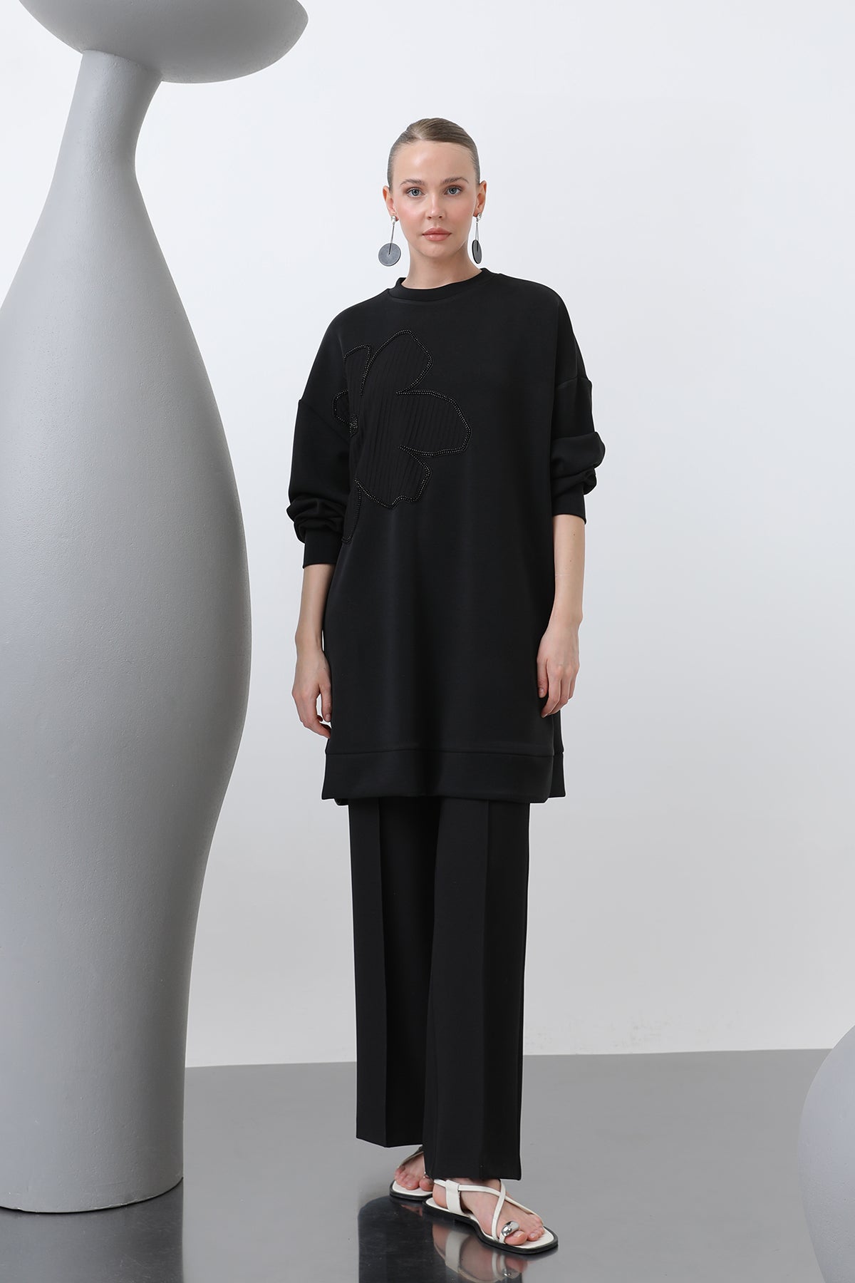 Kadın Önü İşlemeli Garni Detaylı Tunik - 10627TNK BLACK