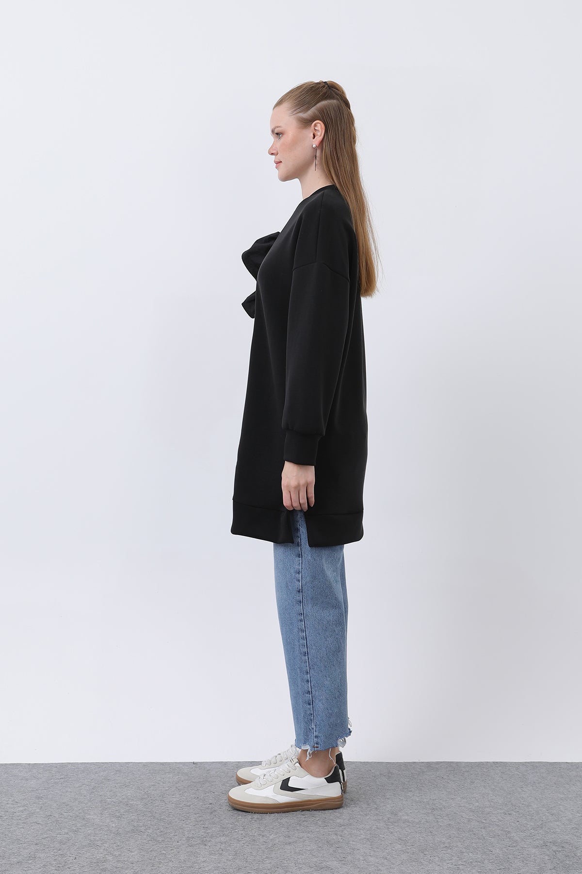 Kadın Omzu Fırfır Detaylı Dantel Garnili Tunik - 10628TNK BLACK