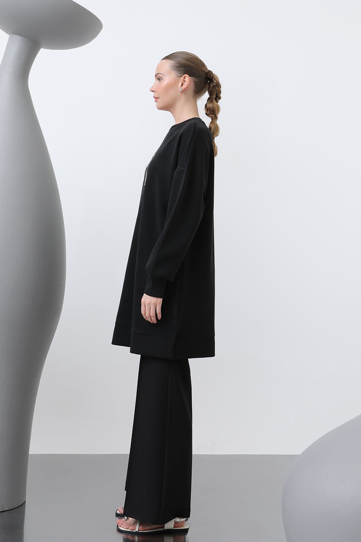 Kadın Omuzu Nakış işlemeli Tunik - 10629TNK BLACK