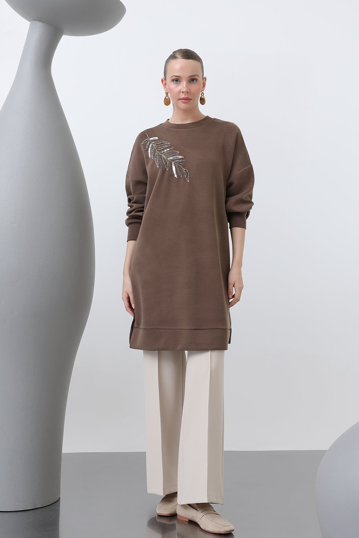 Kadın Omuzu Nakış işlemeli Tunik - 10629TNK BROWN