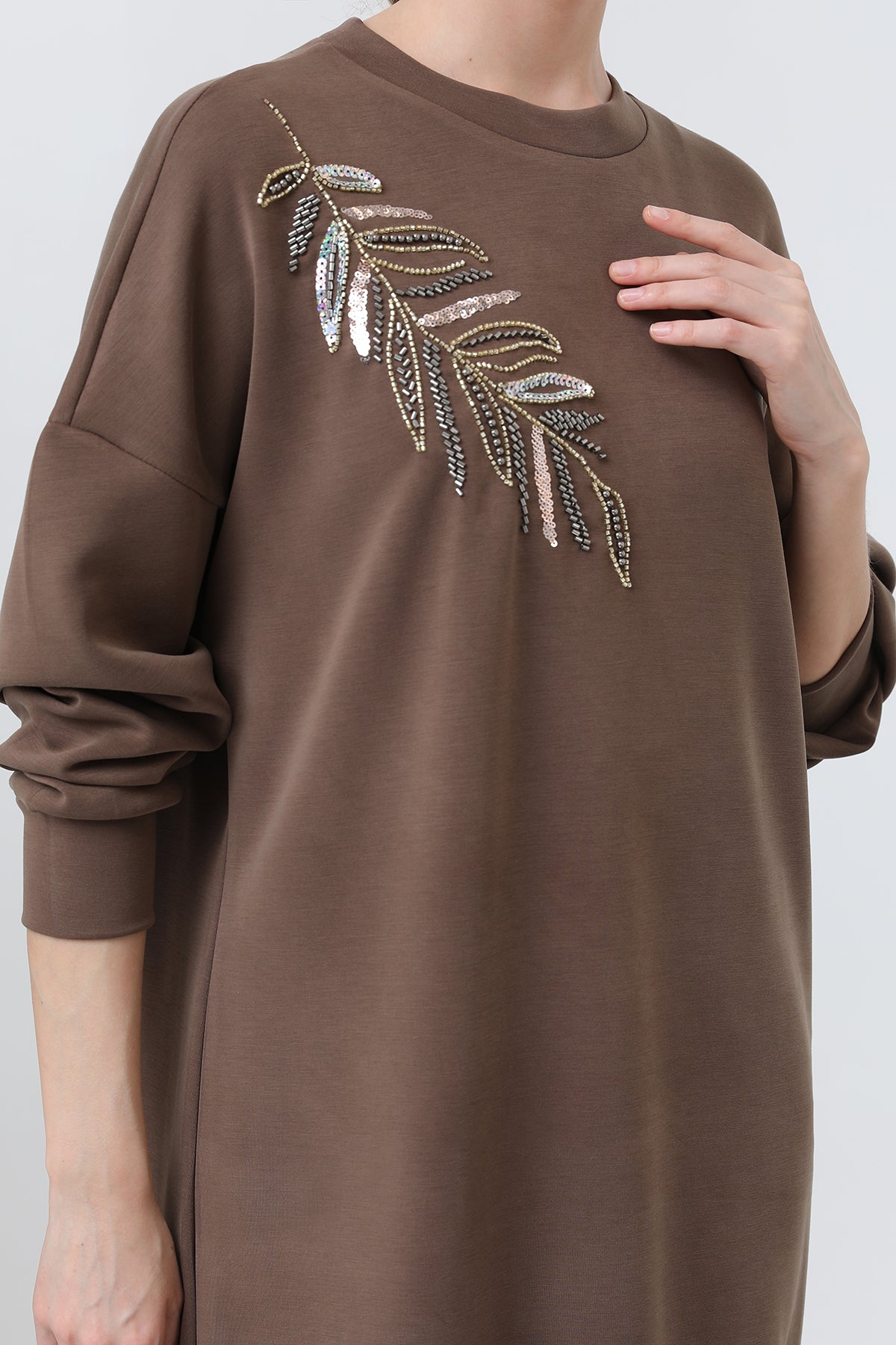 Kadın Omuzu Nakış işlemeli Tunik - 10629TNK BROWN