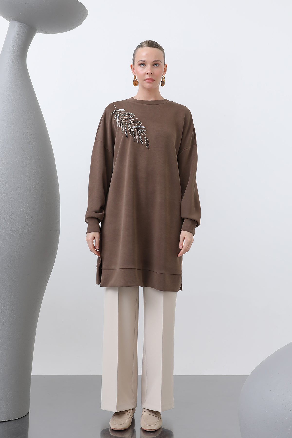 Kadın Omuzu Nakış işlemeli Tunik - 10629TNK BROWN