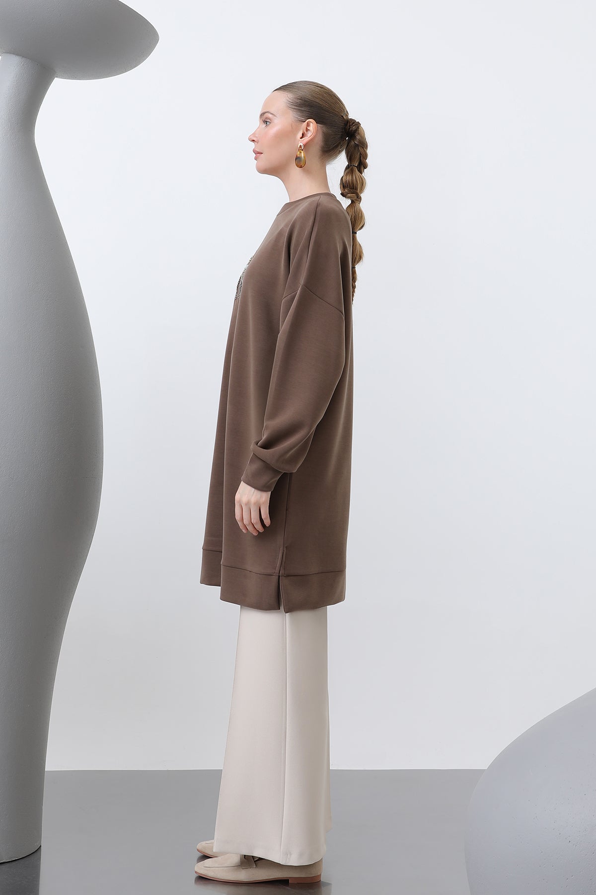 Kadın Omuzu Nakış işlemeli Tunik - 10629TNK BROWN