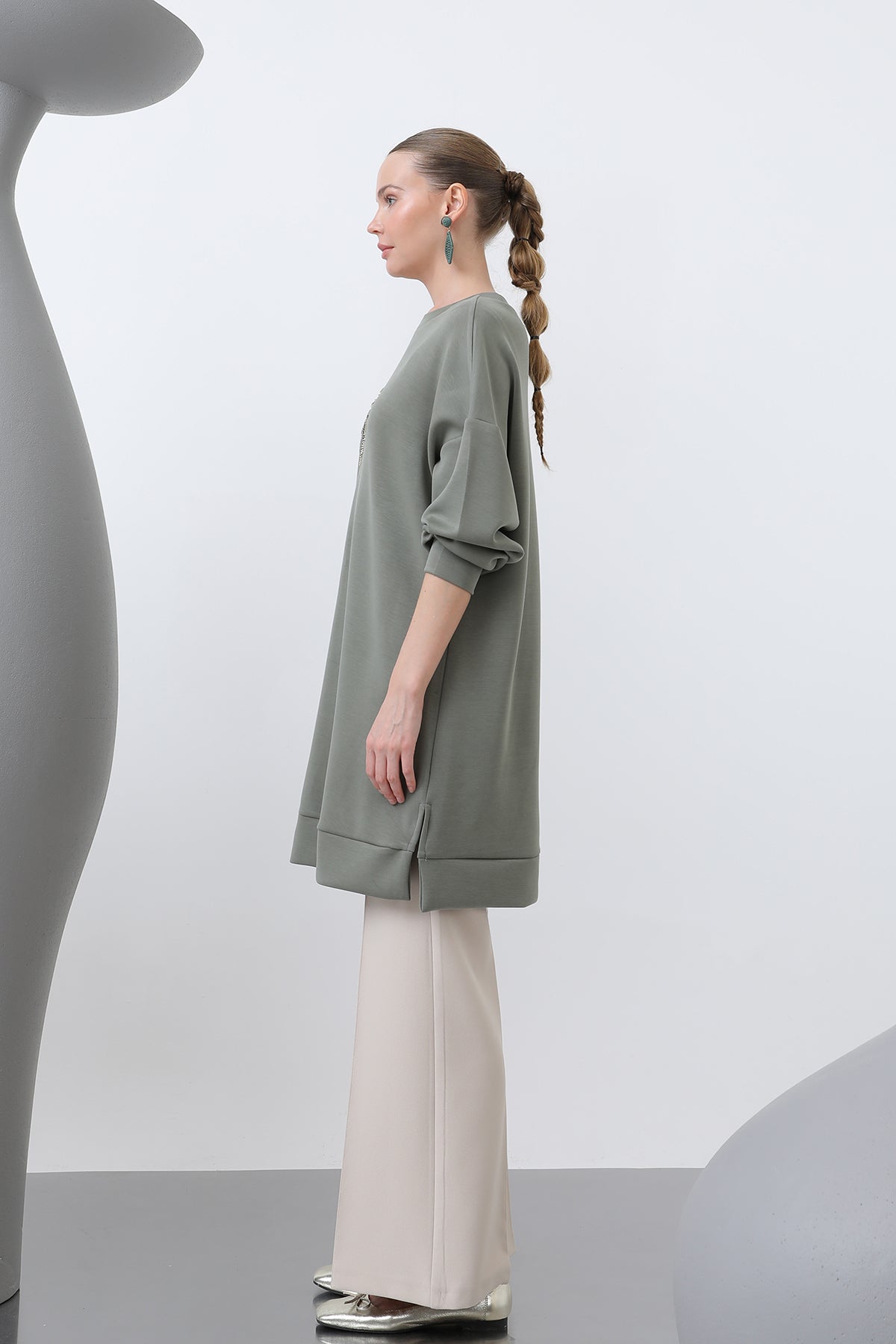 Kadın Omuzu Nakış işlemeli Tunik - 10629TNK KHAKI