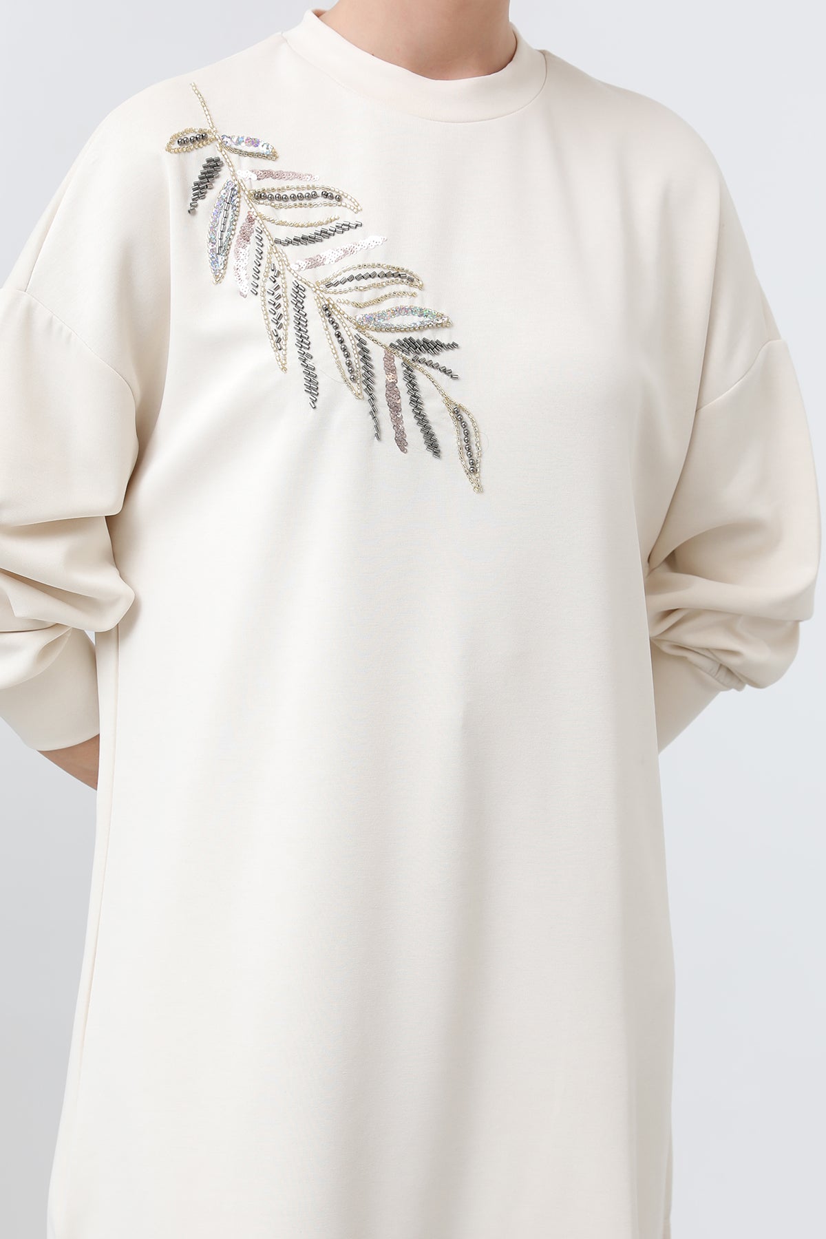 Kadın Omuzu Nakış işlemeli Tunik - 10629TNK SAND BEIGE