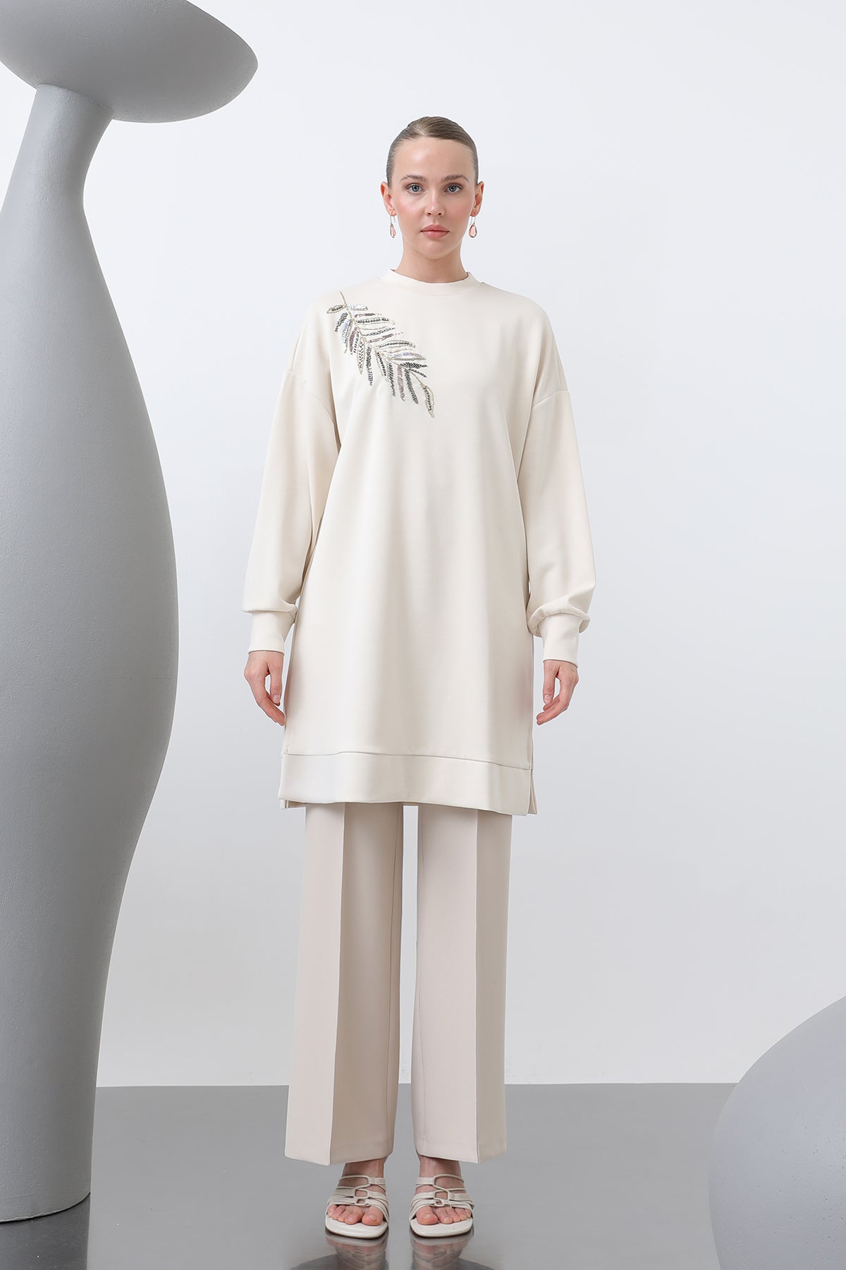 Kadın Omuzu Nakış işlemeli Tunik - 10629TNK SAND BEIGE