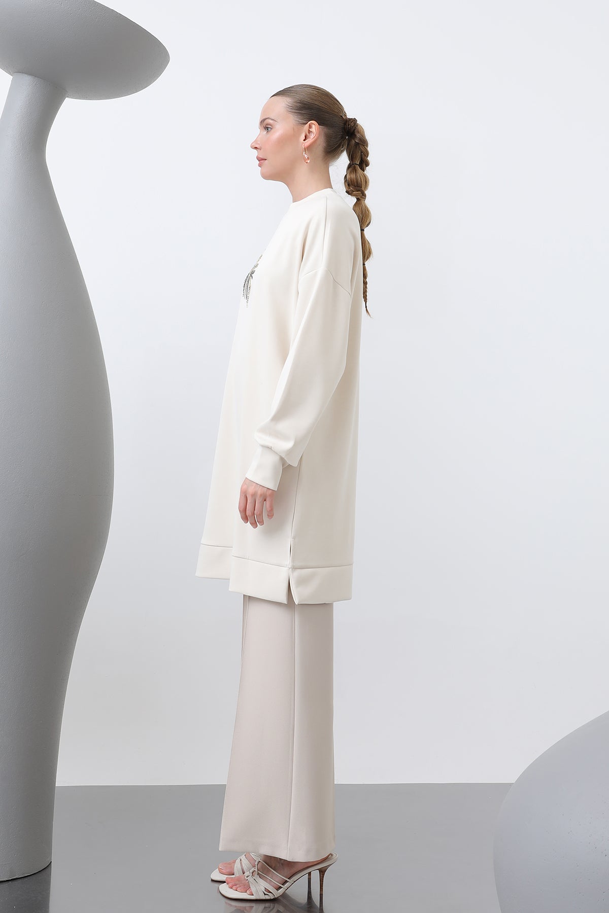 Kadın Omuzu Nakış işlemeli Tunik - 10629TNK SAND BEIGE