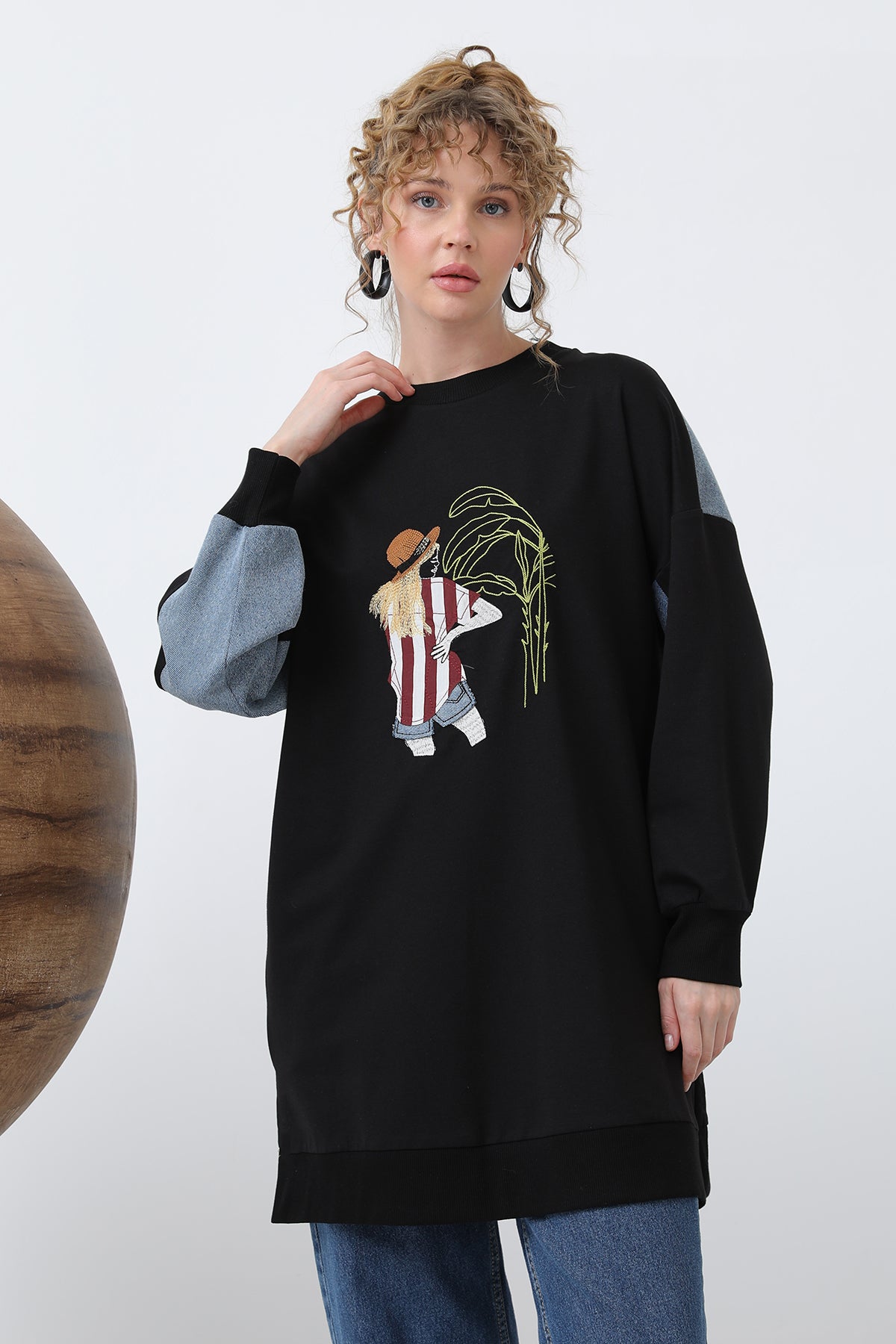 Kadın Önü Şapkalı Kız Nakışlı Tunik - 10632TUN BLACK