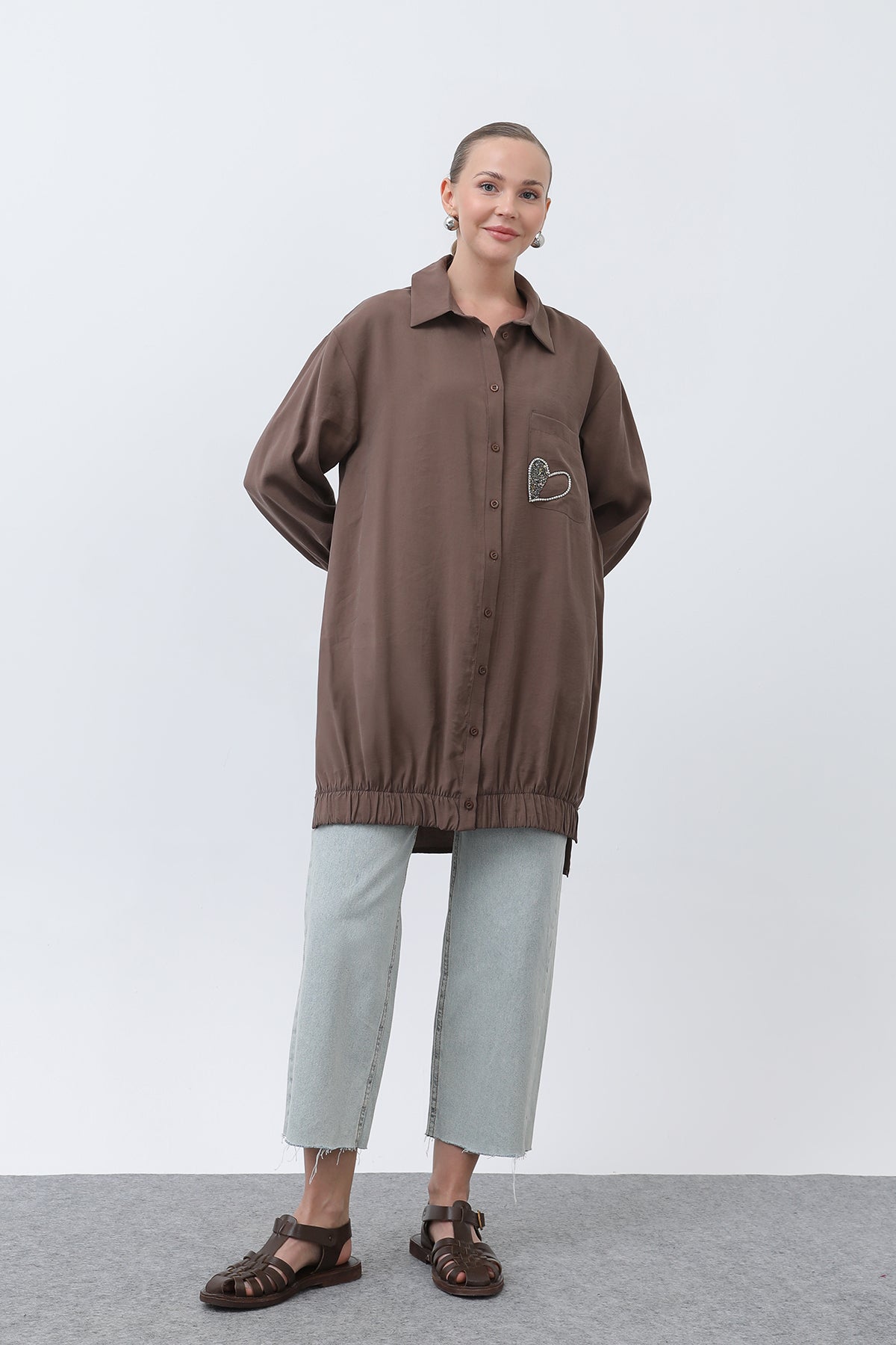 Kadın Cep kısmı Kalpli Nakış Detaylı Tunik - 10633TUN BROWN