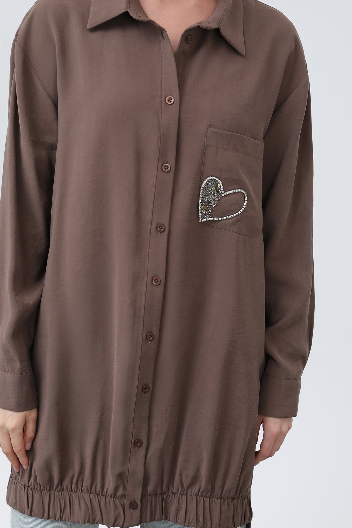 Kadın Cep kısmı Kalpli Nakış Detaylı Tunik - 10633TUN BROWN