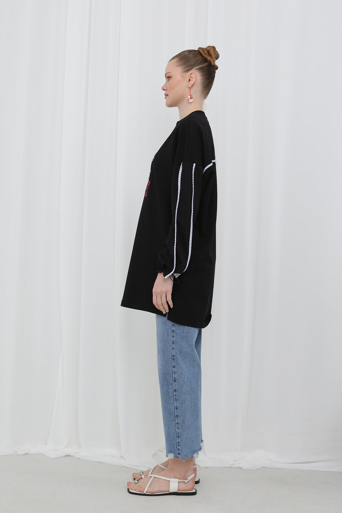 Kadın Önü Balık Nakışlı Şerit Detaylı Tunik - 10640TUN BLACK