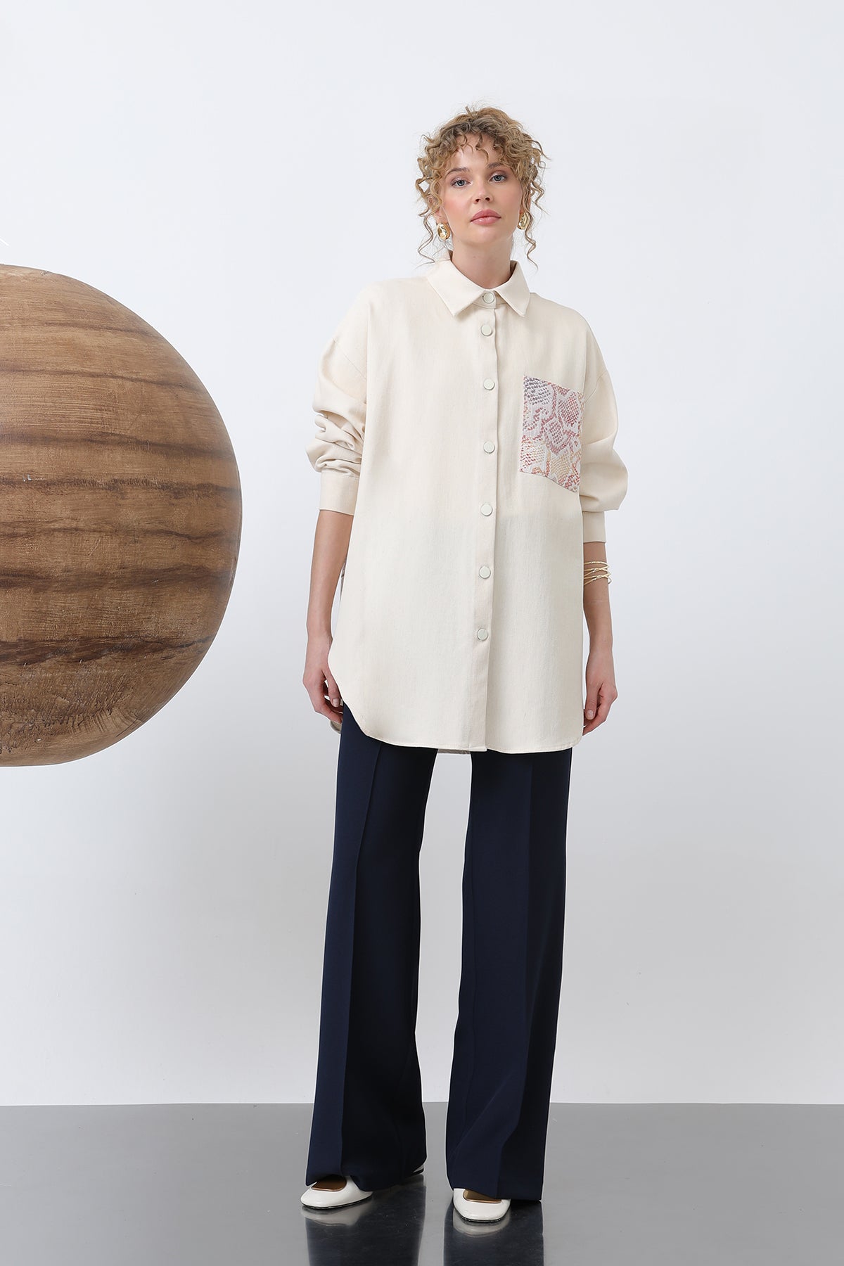 Kadın Önü Garni Cep Detaylı Arkası Nakışlı Tunik - 10642GML BEIGE-ORANGE