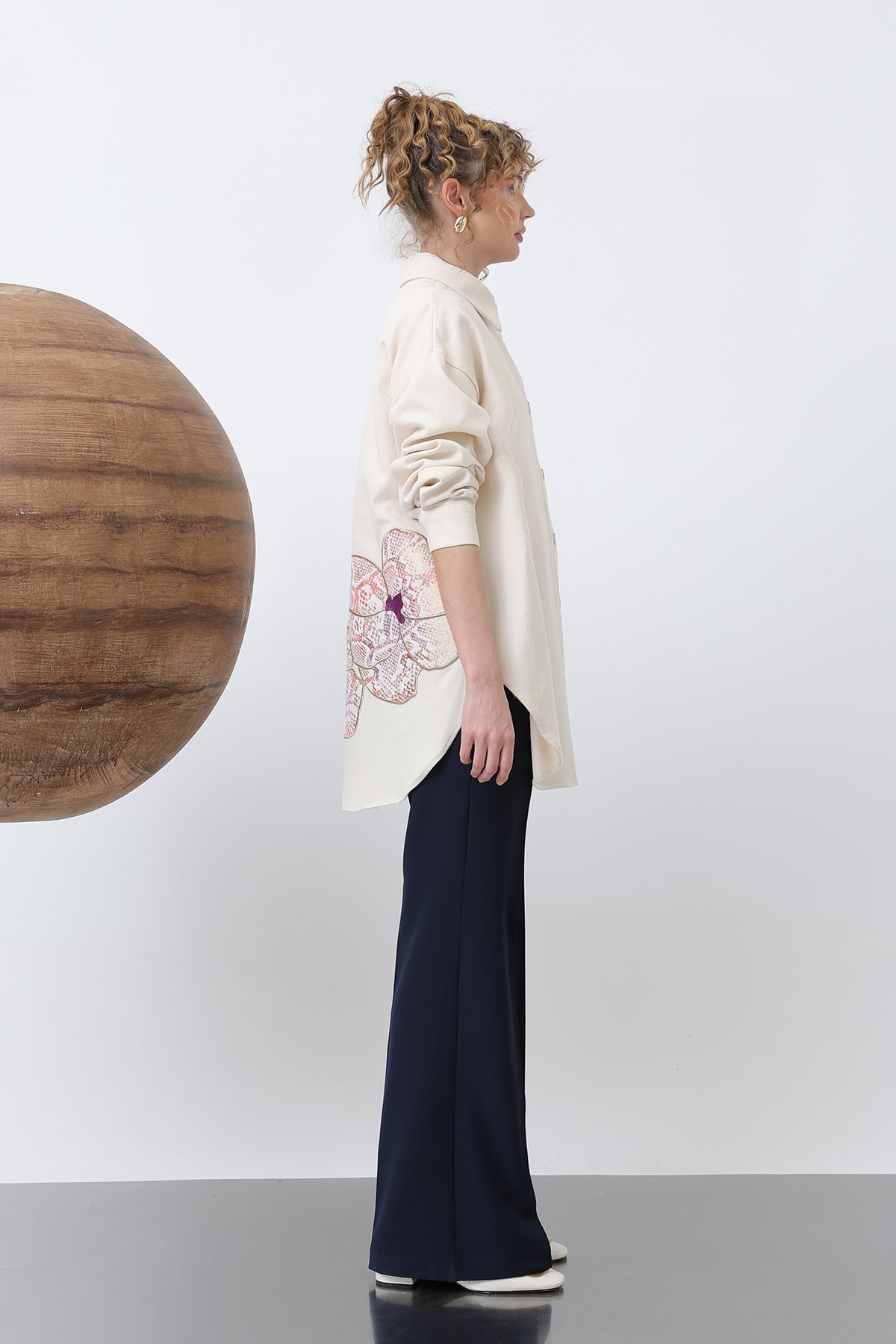 Kadın Önü Garni Cep Detaylı Arkası Nakışlı Tunik - 10642GML BEIGE-ORANGE
