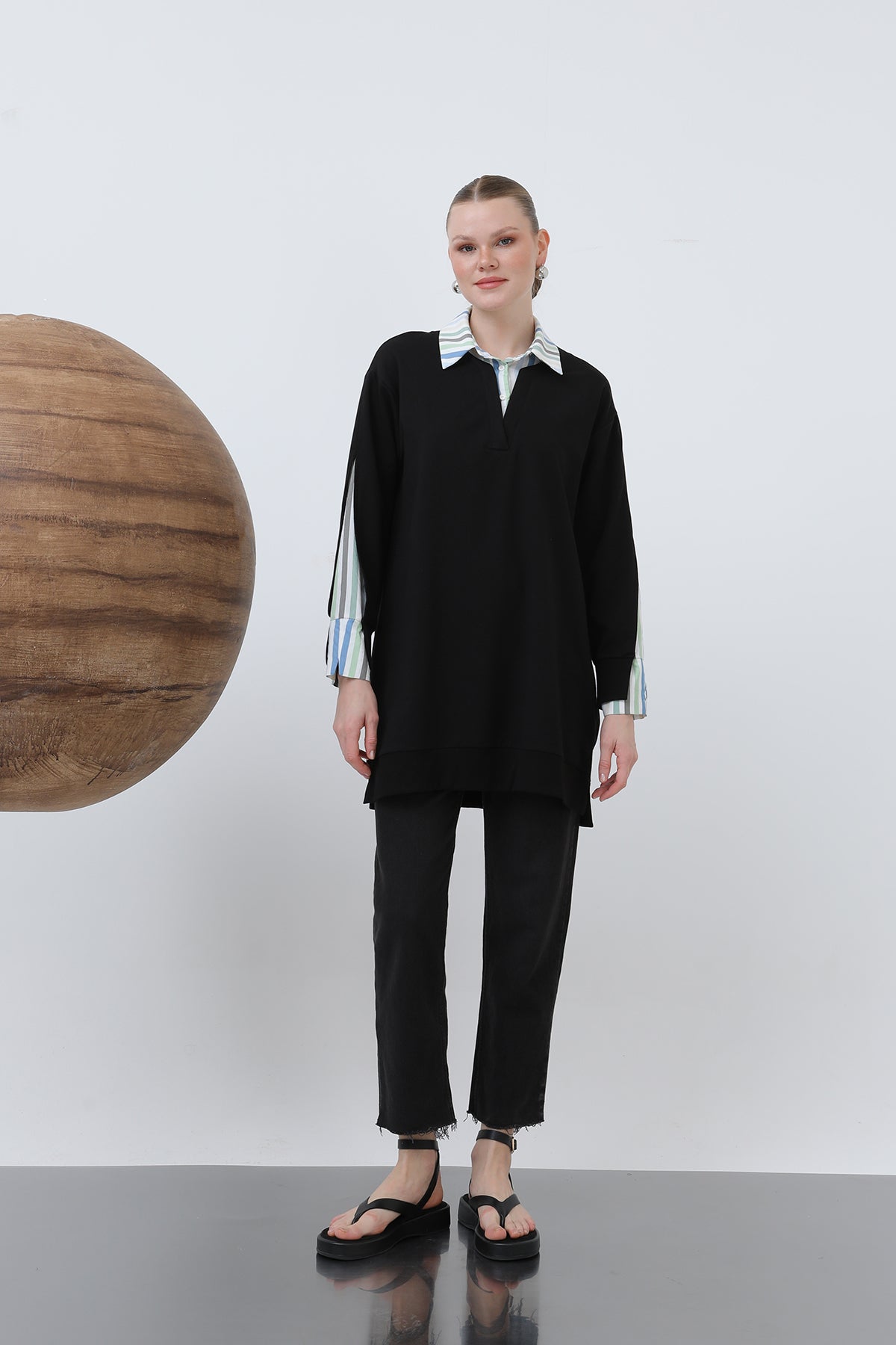 Kadın Çizgi Garnili Tunik - 10650TUN BLACK-BLUE