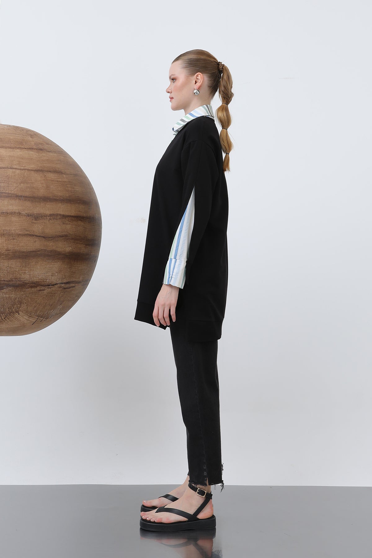 Kadın Çizgi Garnili Tunik - 10650TUN BLACK-BLUE