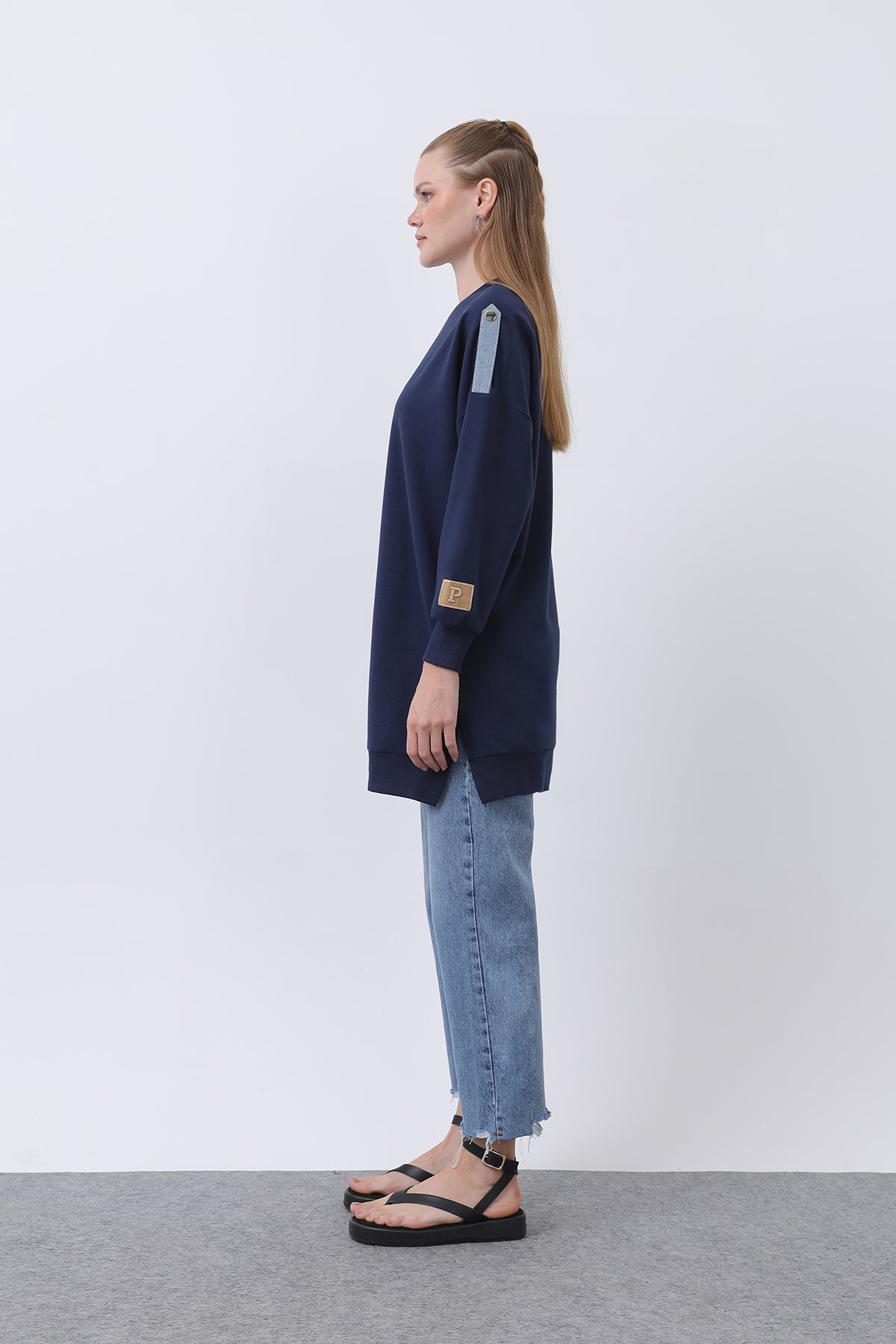 Kadın Önü Nakışlı Ve Baskılı Tunik - 10655TUN NAVY