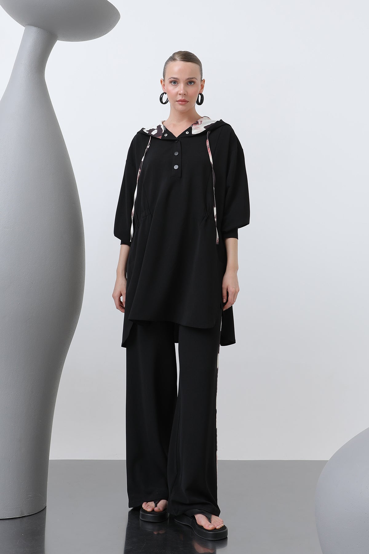 Kadın Beli Büzgü Detaylı Kapüşonlu Tunik - 10666TUN BLACK