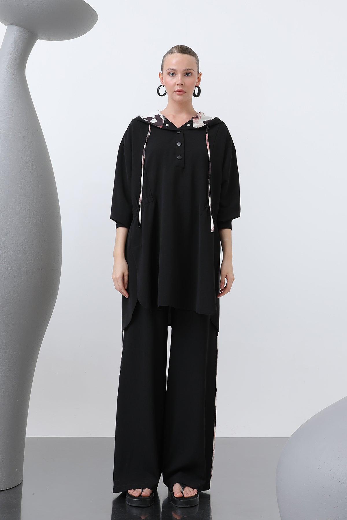 Kadın Beli Büzgü Detaylı Kapüşonlu Tunik - 10666TUN BLACK