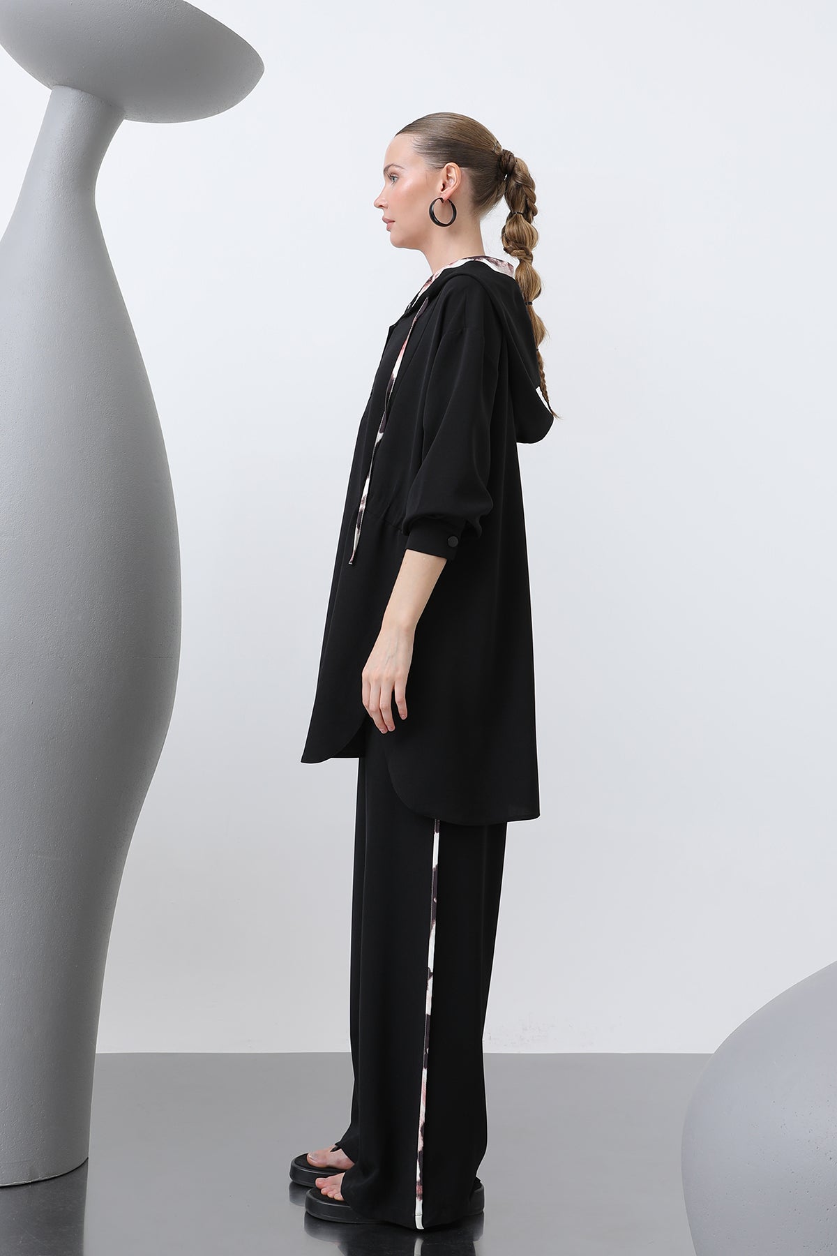 Kadın Beli Büzgü Detaylı Kapüşonlu Tunik - 10666TUN BLACK