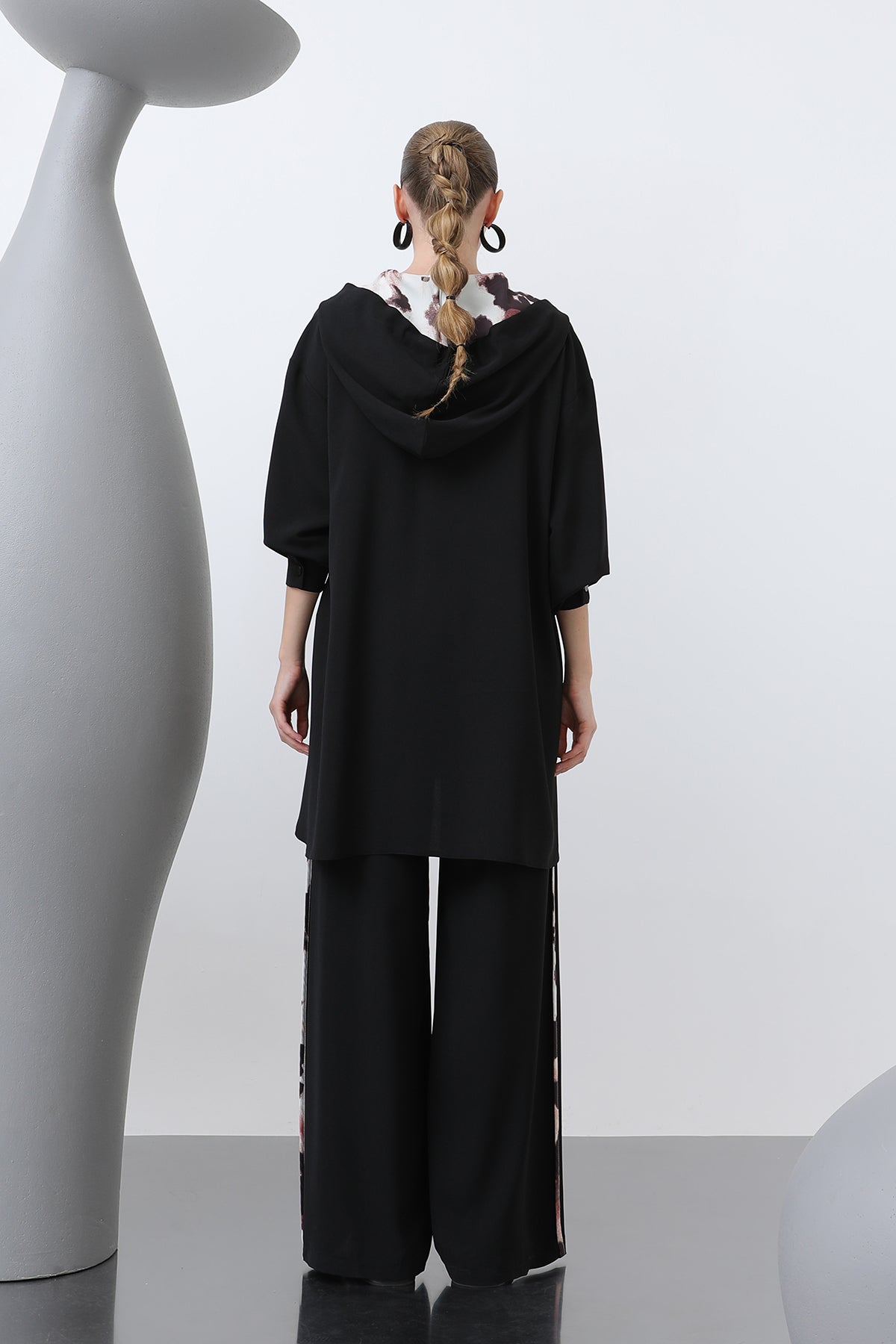 Kadın Beli Büzgü Detaylı Kapüşonlu Tunik - 10666TUN BLACK