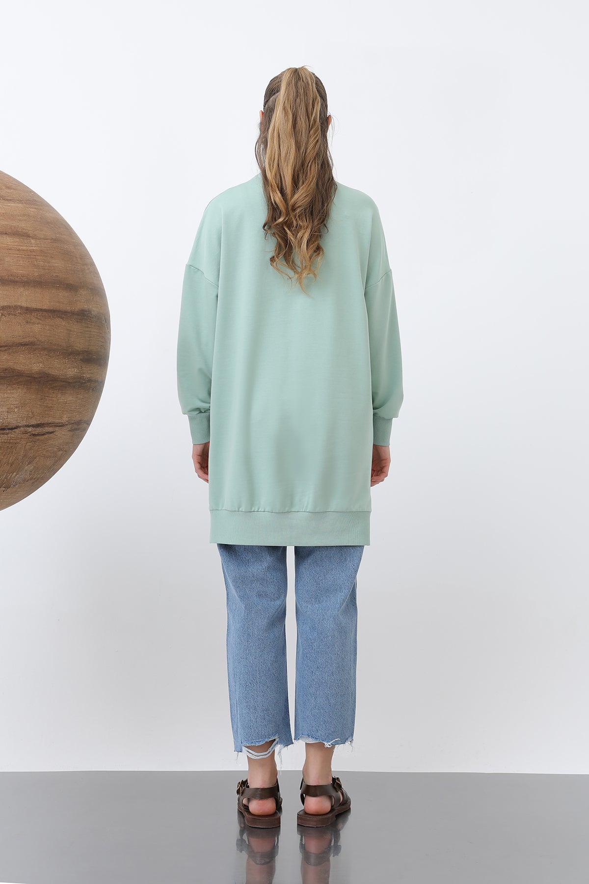 Kadın Önü Yuvarlak Çiçek Nakışlı Tunik - 10668TUN ALMOND GREEN