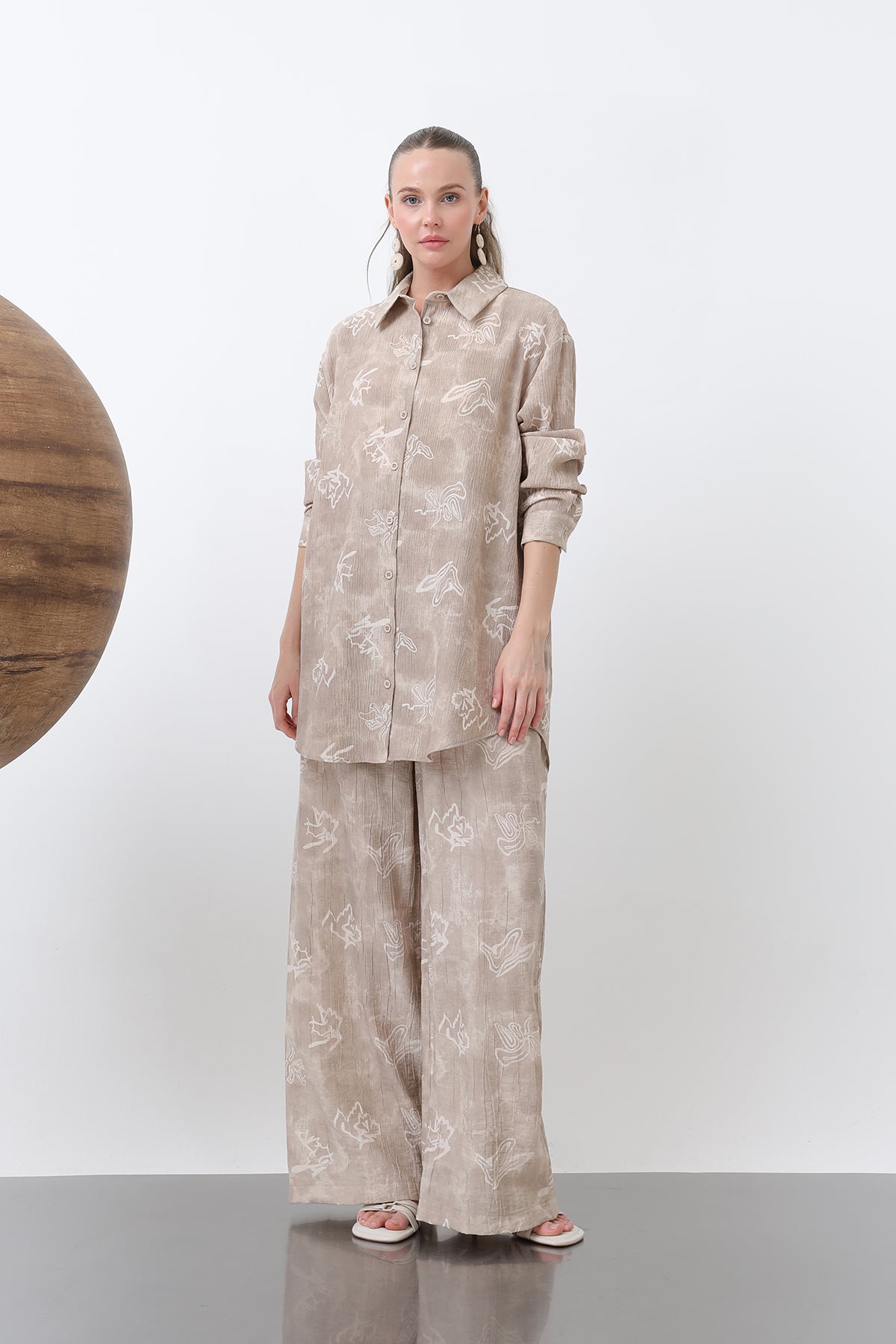 Kadın Desenli Düğme Detaylı Gömlek Tunik -10670GML BROWN