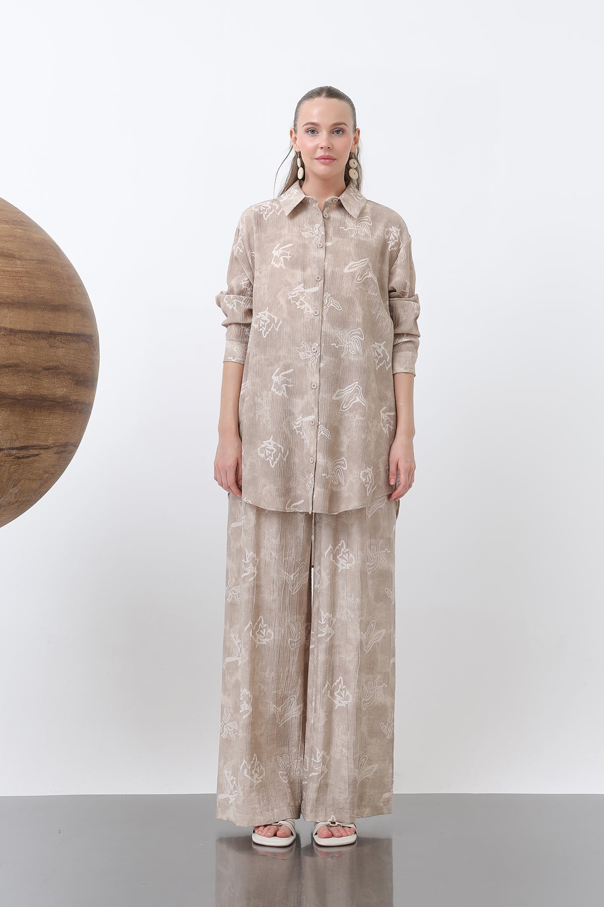 Kadın Desenli Düğme Detaylı Gömlek Tunik -10670GML BROWN
