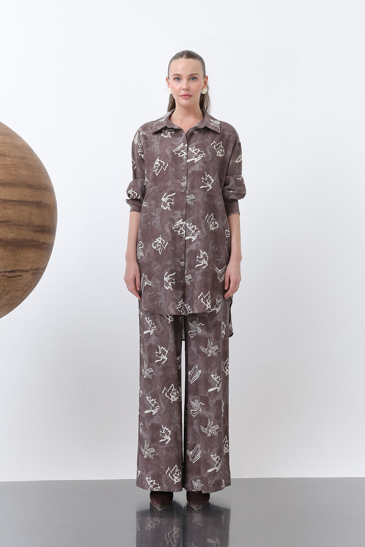 Kadın Desenli Düğme Detaylı Gömlek Tunik -10670GML BEIGE