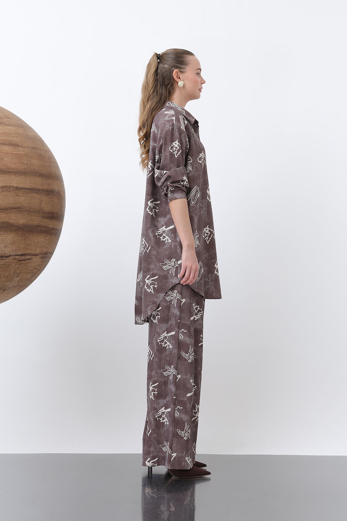 Kadın Desenli Düğme Detaylı Gömlek Tunik -10670GML BEIGE