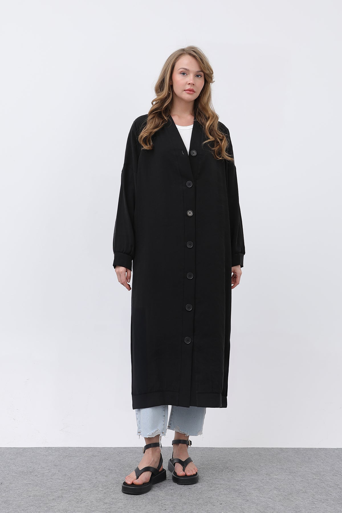 Kadın Önü Düğme Detaylı Uzun Tunik -10681TUN BLACK