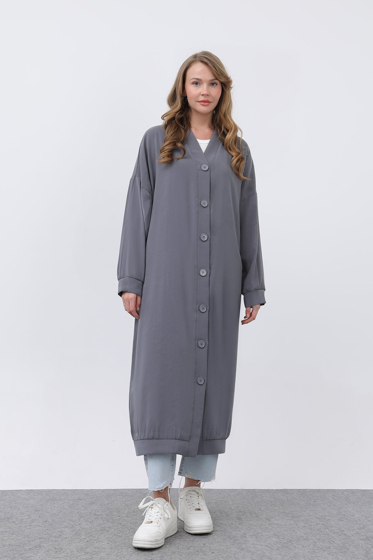 Kadın Önü Düğme Detaylı Uzun Tunik -10681TUN GREY