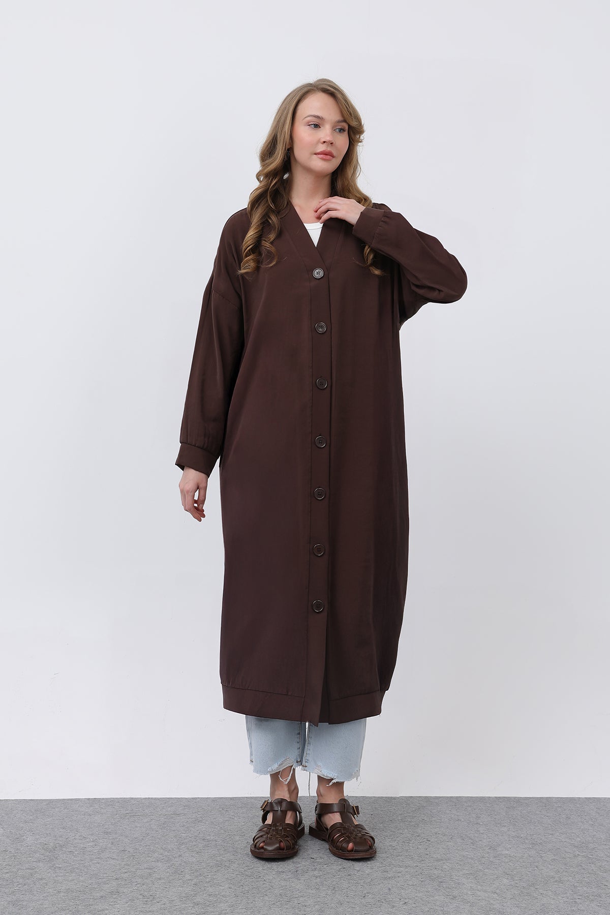Kadın Önü Düğme Detaylı Uzun Tunik -10681TUN BROWN