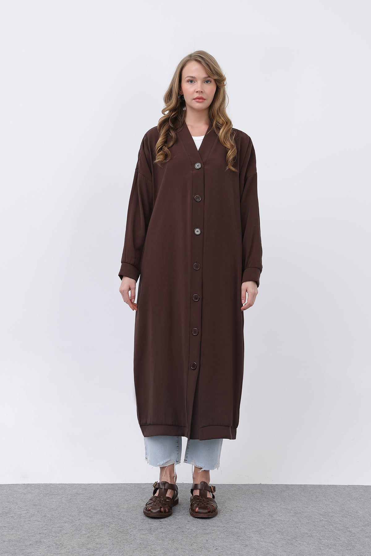 Kadın Önü Düğme Detaylı Uzun Tunik -10681TUN BROWN