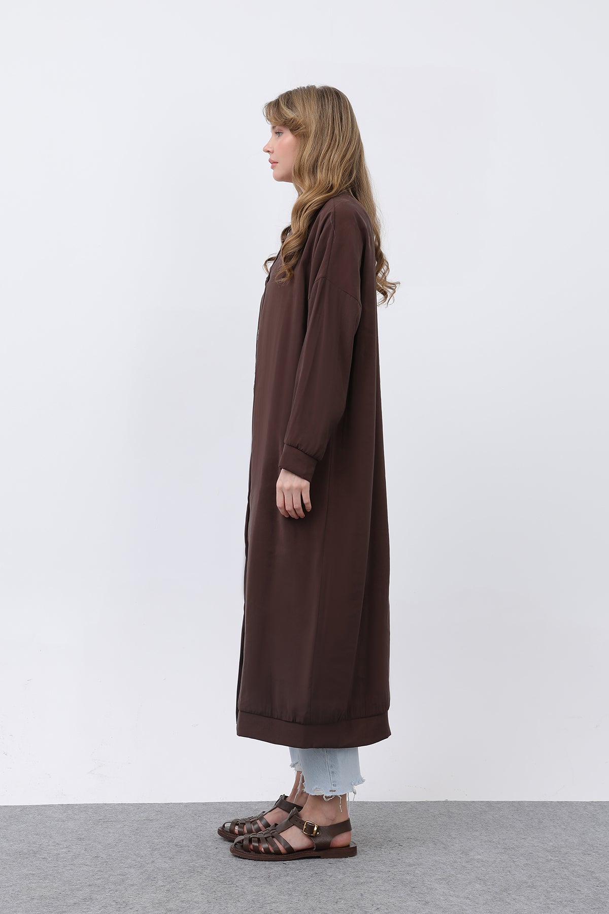 Kadın Önü Düğme Detaylı Uzun Tunik -10681TUN BROWN