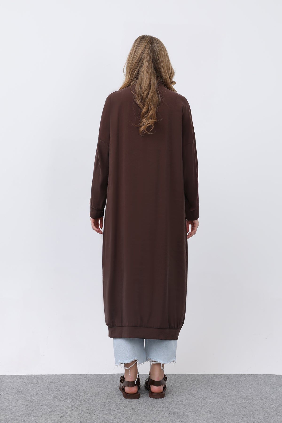 Kadın Önü Düğme Detaylı Uzun Tunik -10681TUN BROWN