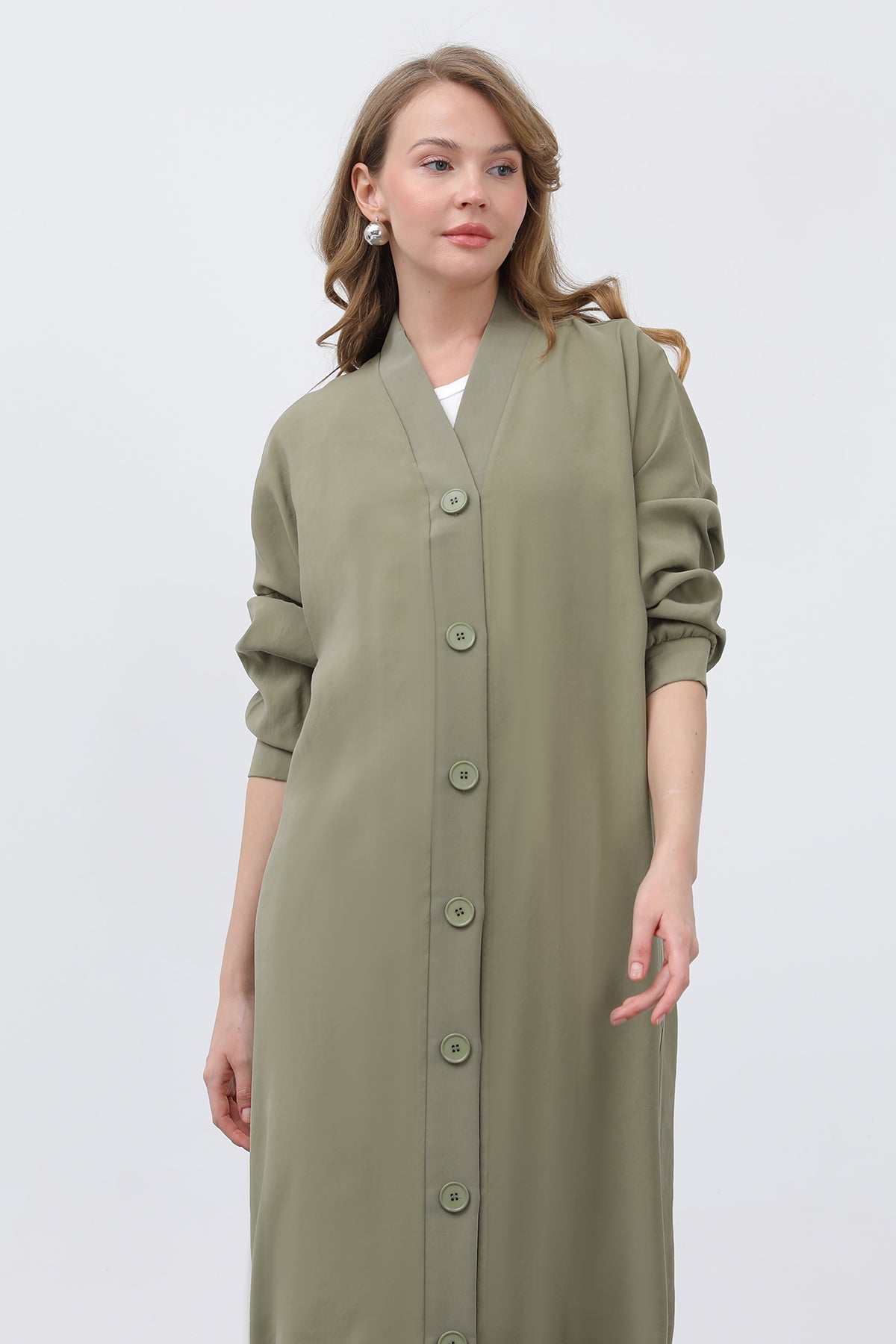 Kadın Önü Düğme Detaylı Uzun Tunik -10681TUN ALMOND GREEN