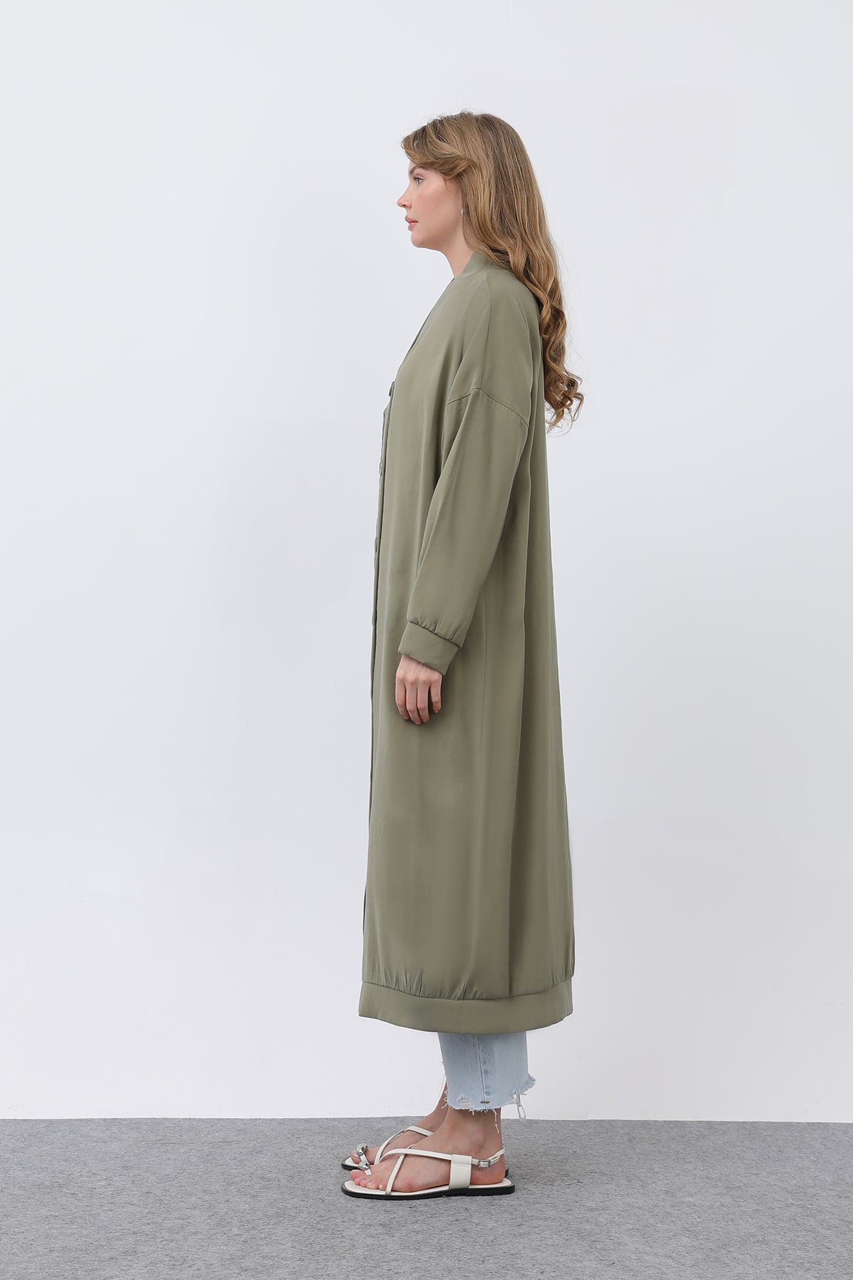 Kadın Önü Düğme Detaylı Uzun Tunik -10681TUN ALMOND GREEN