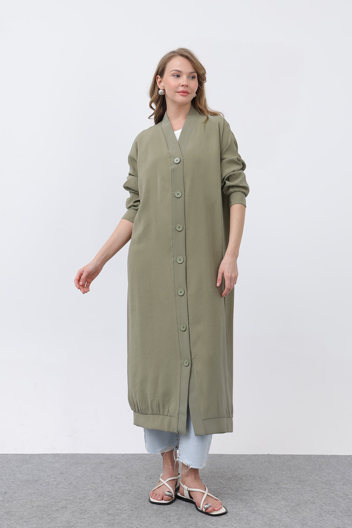 Kadın Önü Düğme Detaylı Uzun Tunik -10681TUN ALMOND GREEN