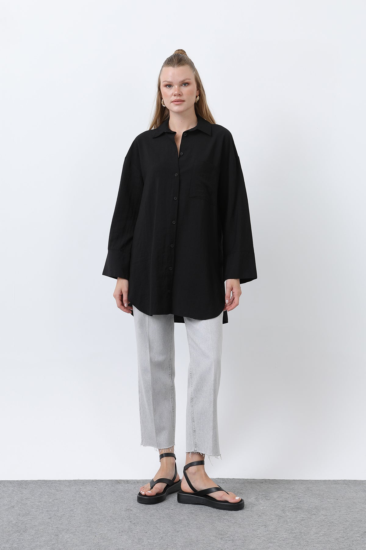 Kadın Arkası Katlı Büzgülü Gömlek - 10688GML BLACK