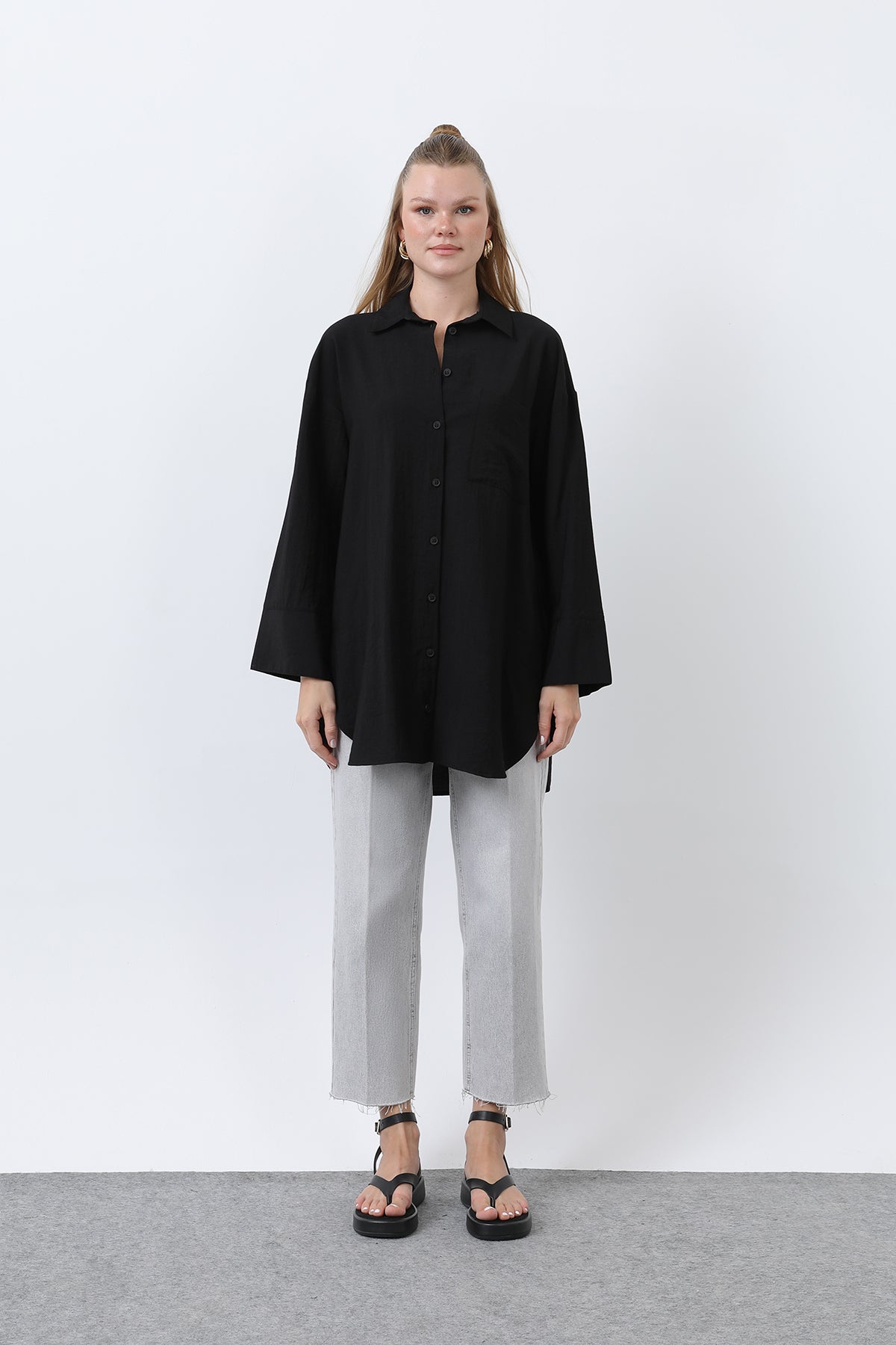 Kadın Arkası Katlı Büzgülü Gömlek - 10688GML BLACK