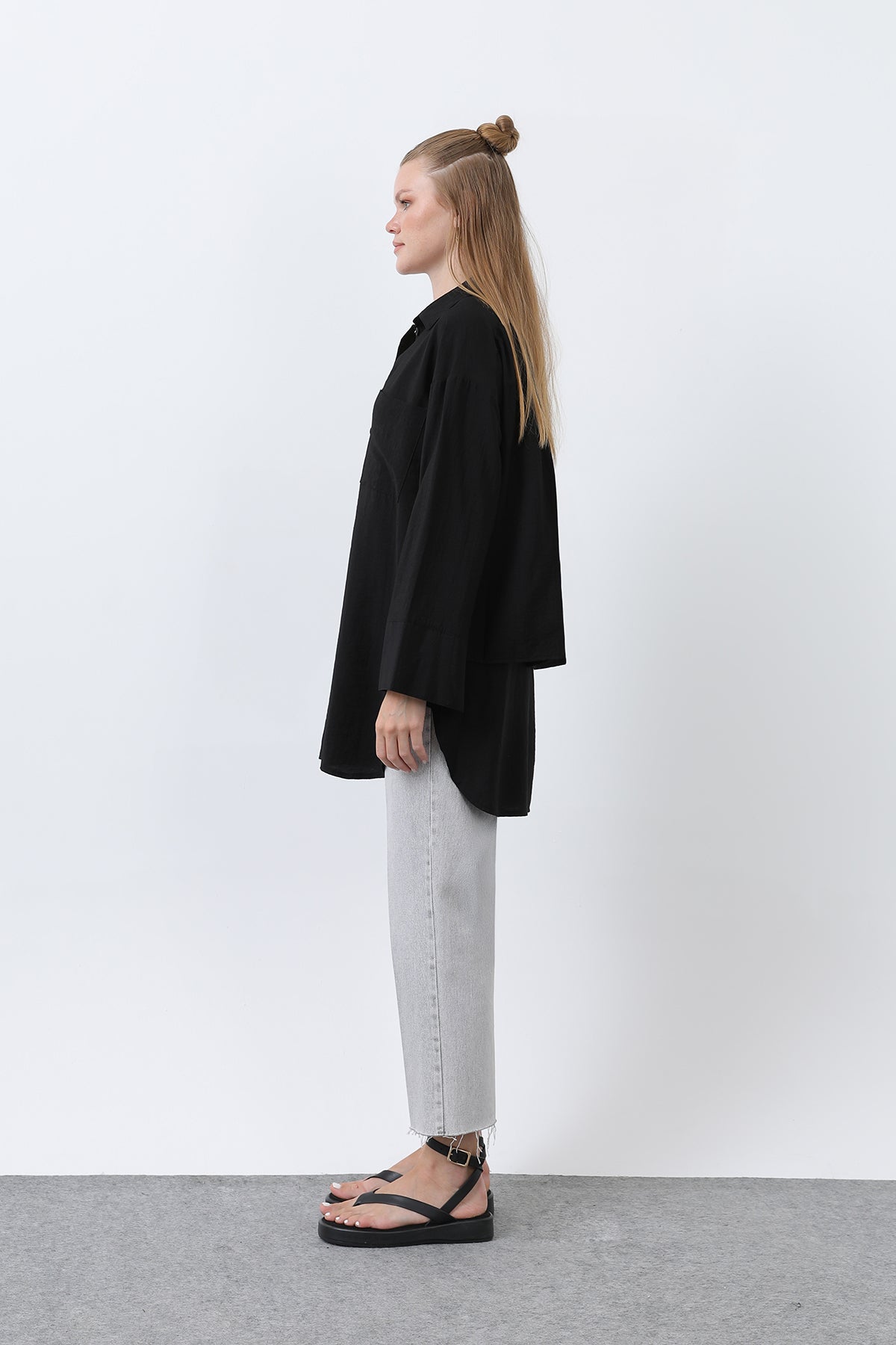 Kadın Arkası Katlı Büzgülü Gömlek - 10688GML BLACK