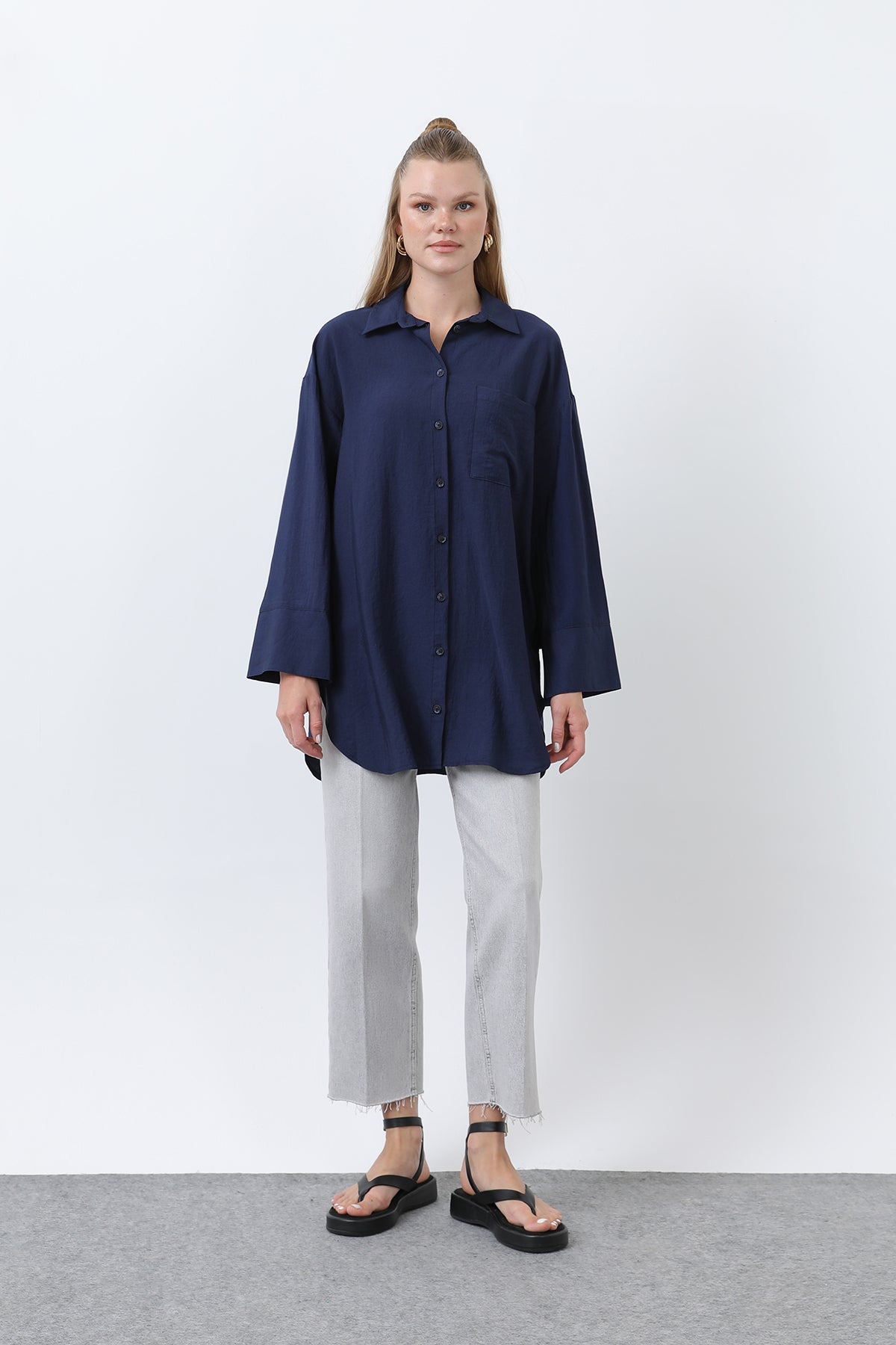 Kadın Arkası Katlı Büzgülü Gömlek - 10688GML NAVY