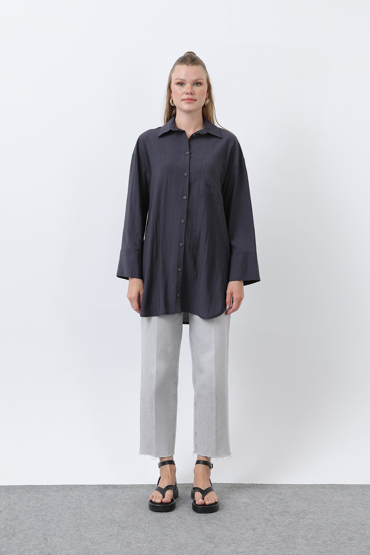 Kadın Arkası Katlı Büzgülü Gömlek - 10688GML NAVY
