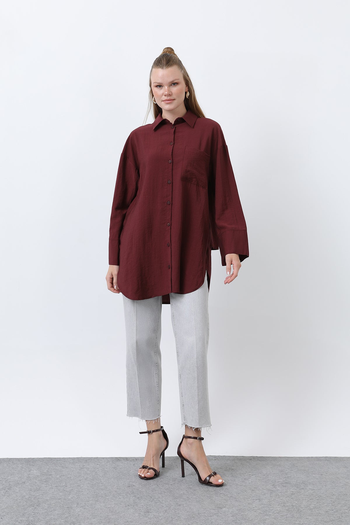 Kadın Arkası Katlı Büzgülü Gömlek - 10688GML BURGUNDY