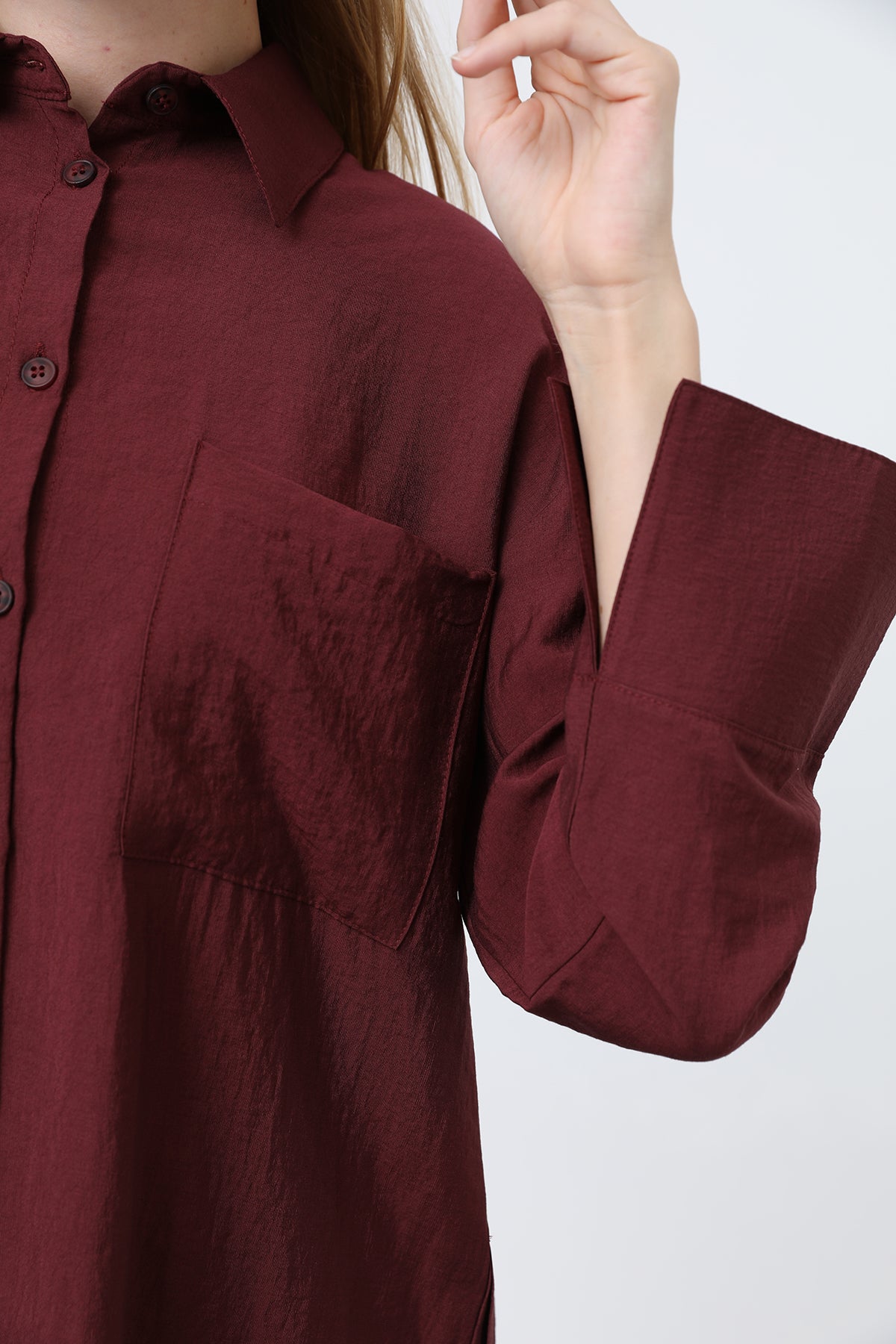 Kadın Arkası Katlı Büzgülü Gömlek - 10688GML BURGUNDY