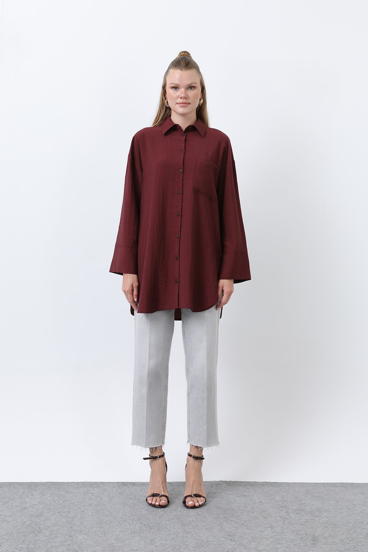 Kadın Arkası Katlı Büzgülü Gömlek - 10688GML BURGUNDY
